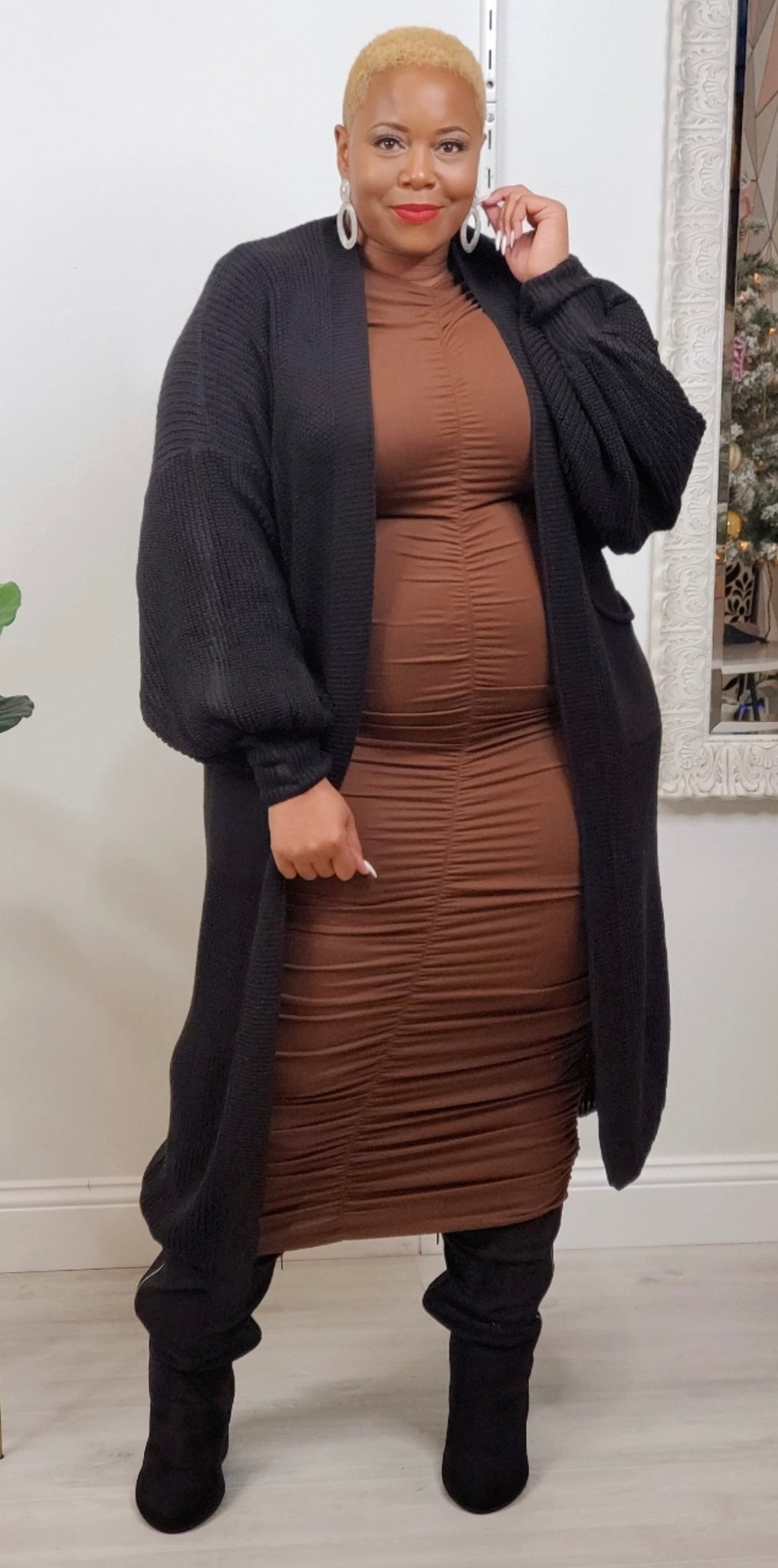 Curvy Plus Size Ruched Long Sleeve Midi Dress 5 COLORS