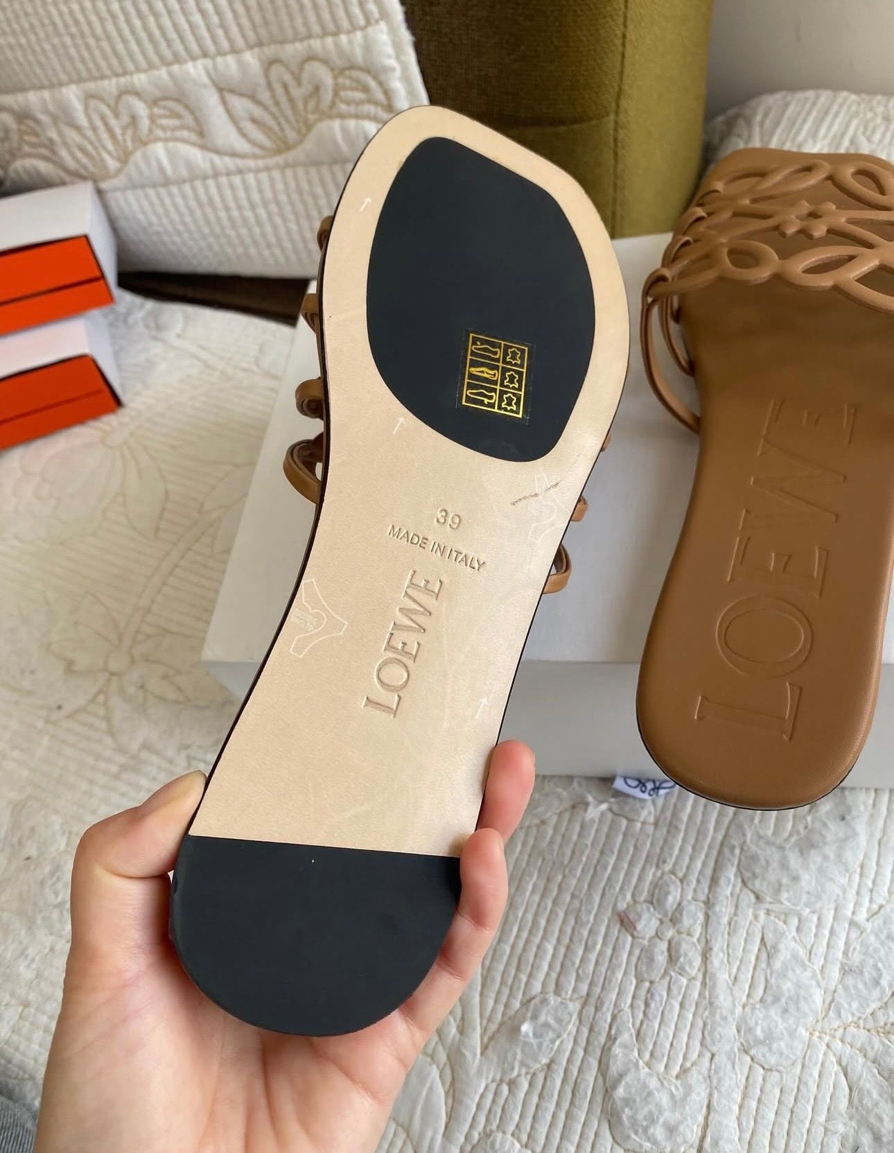 Camel Petal Leather Anagram Slide Sandals