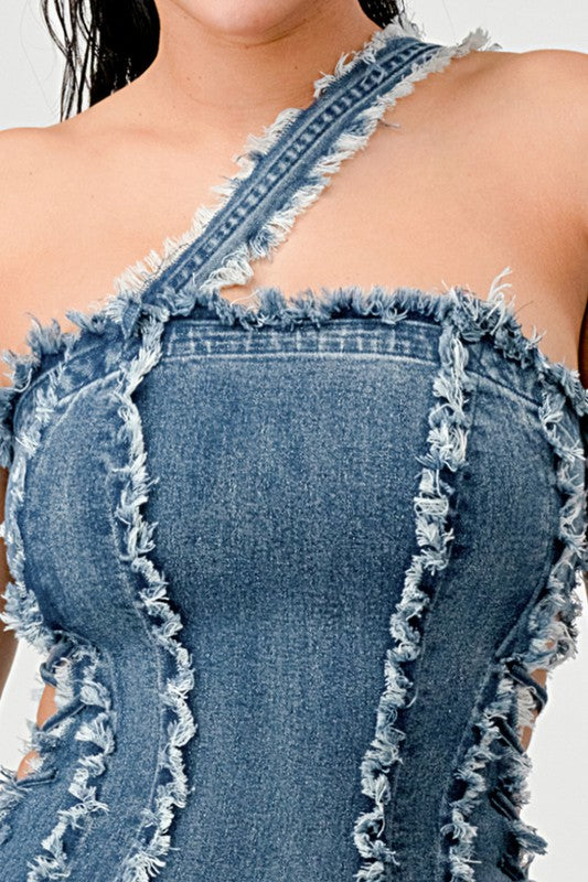 VESTIDO MINI DE DENIM CON LÍNEA DE COSTURA DESGASTADA