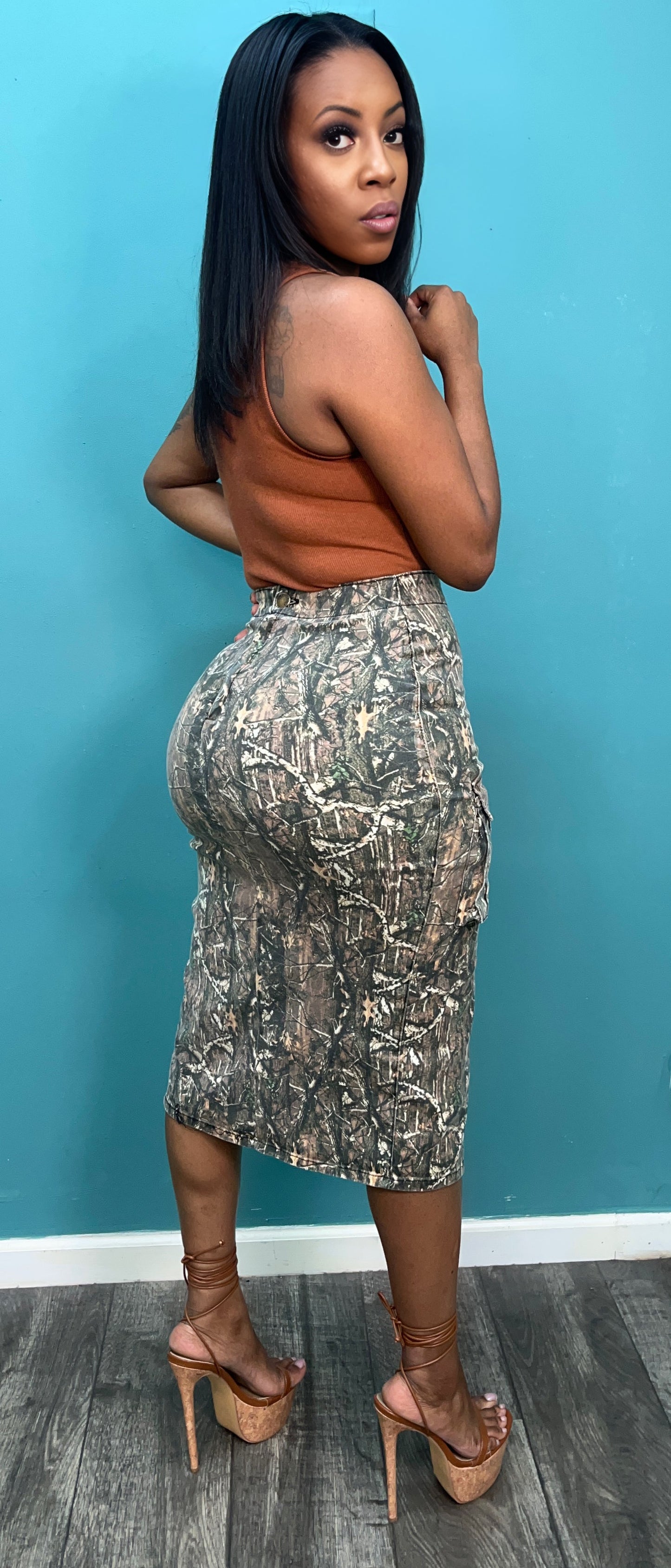 Cargo Midi Skirt in Woodland Camo