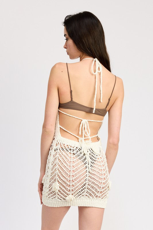 HALTER NECK CROCHET COVERUP WITH FLOWER DETAIL