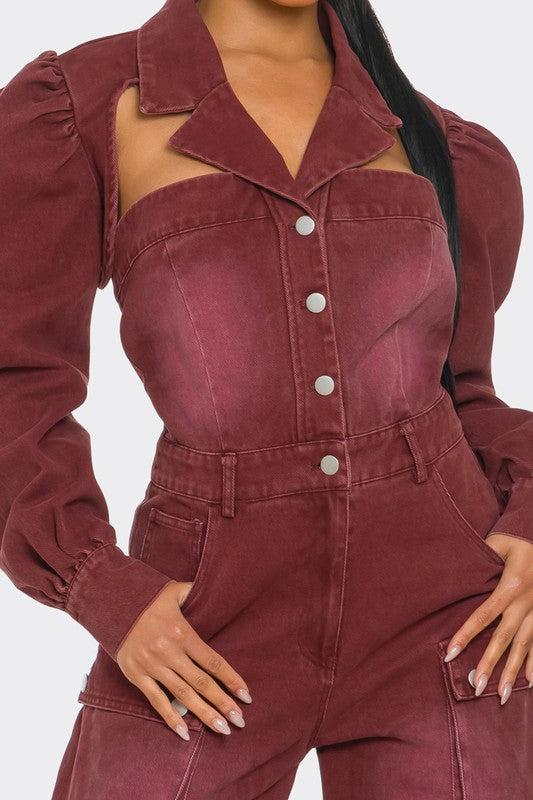 Wine Utility Denim Jumpsuit
