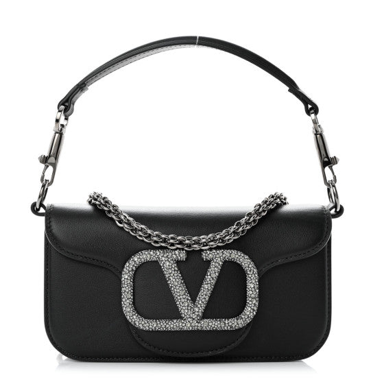 Calfskin Crystal Vlogo Small Loco Shoulder Bag Black