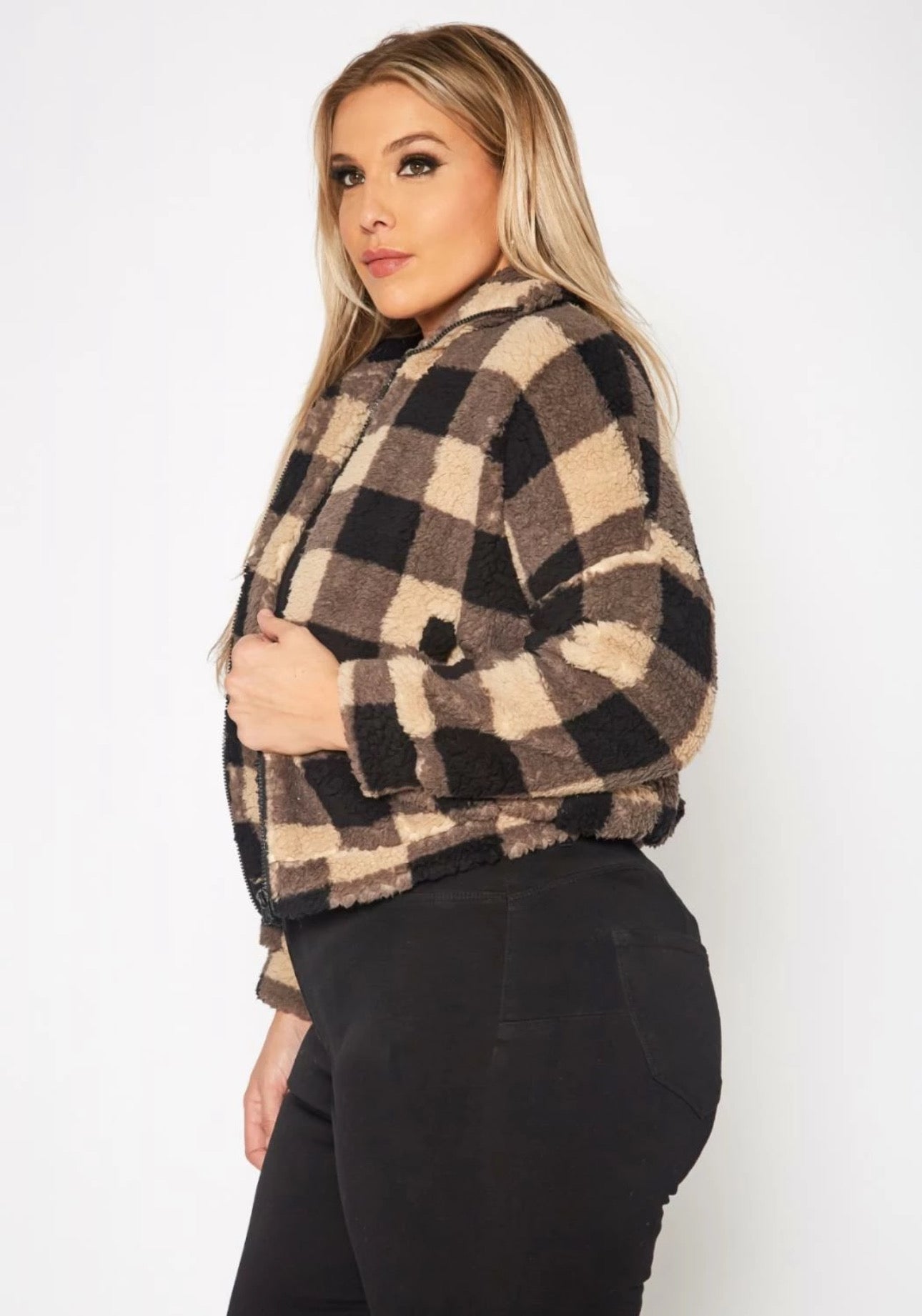 Plaid Sherpa Zip-Up Jacket – Cozy Cropped Fit 1X