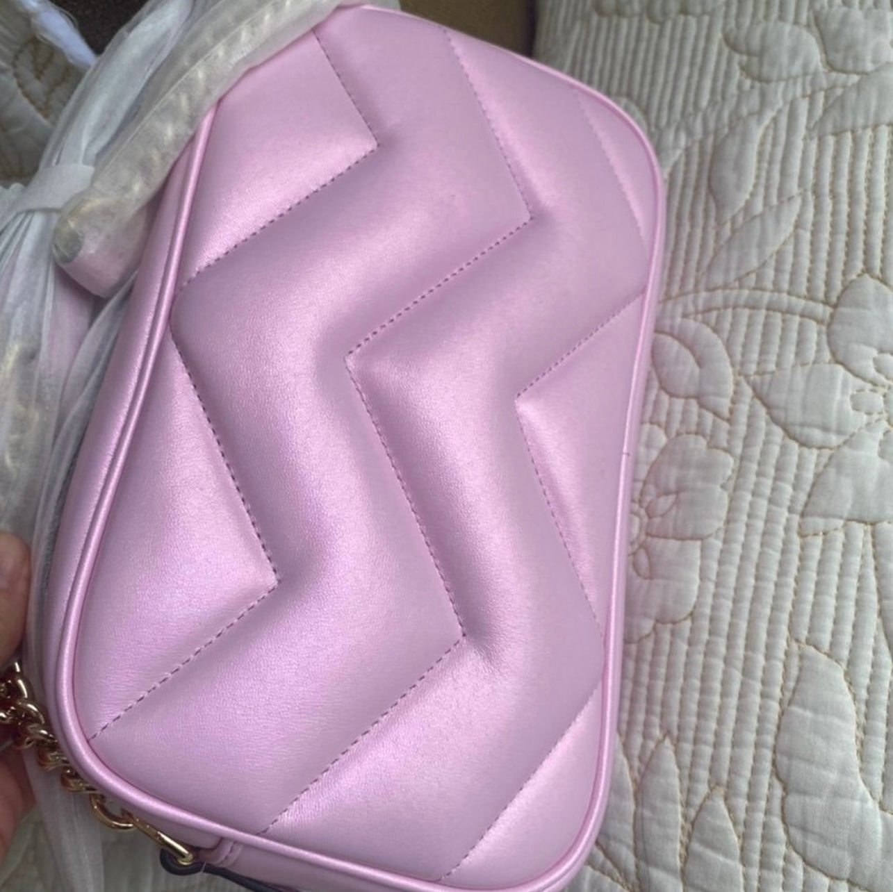 Iridescent Calfskin Chevron Matelasse GG Marmont Chain Shoulder