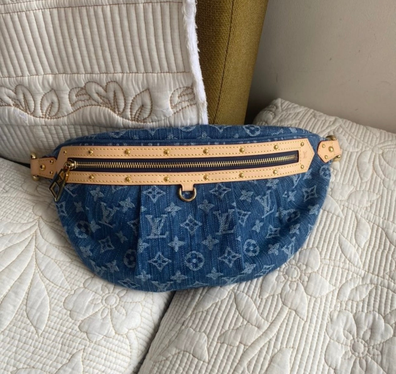 Monogram Denim Fanny Pack + Pillow Flat Comfort Mules