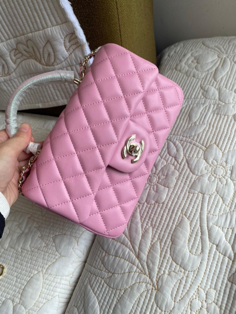 Pink/Green Coco Lambskin Quilted Mini Top Handle Flap Bag