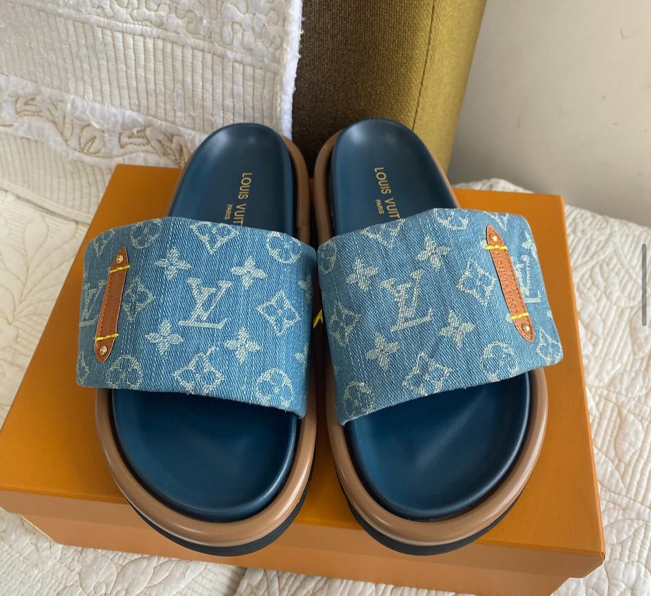 Monogram Denim Fanny Pack + Pillow Flat Comfort Mules