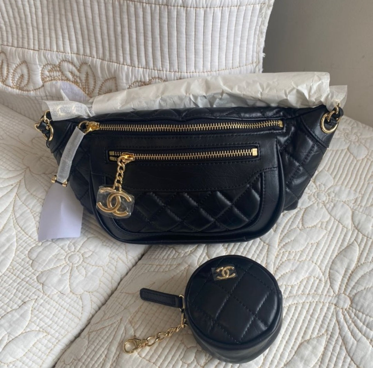 Coco Lambskin Quilted Waist Bag Fanny Pack Black