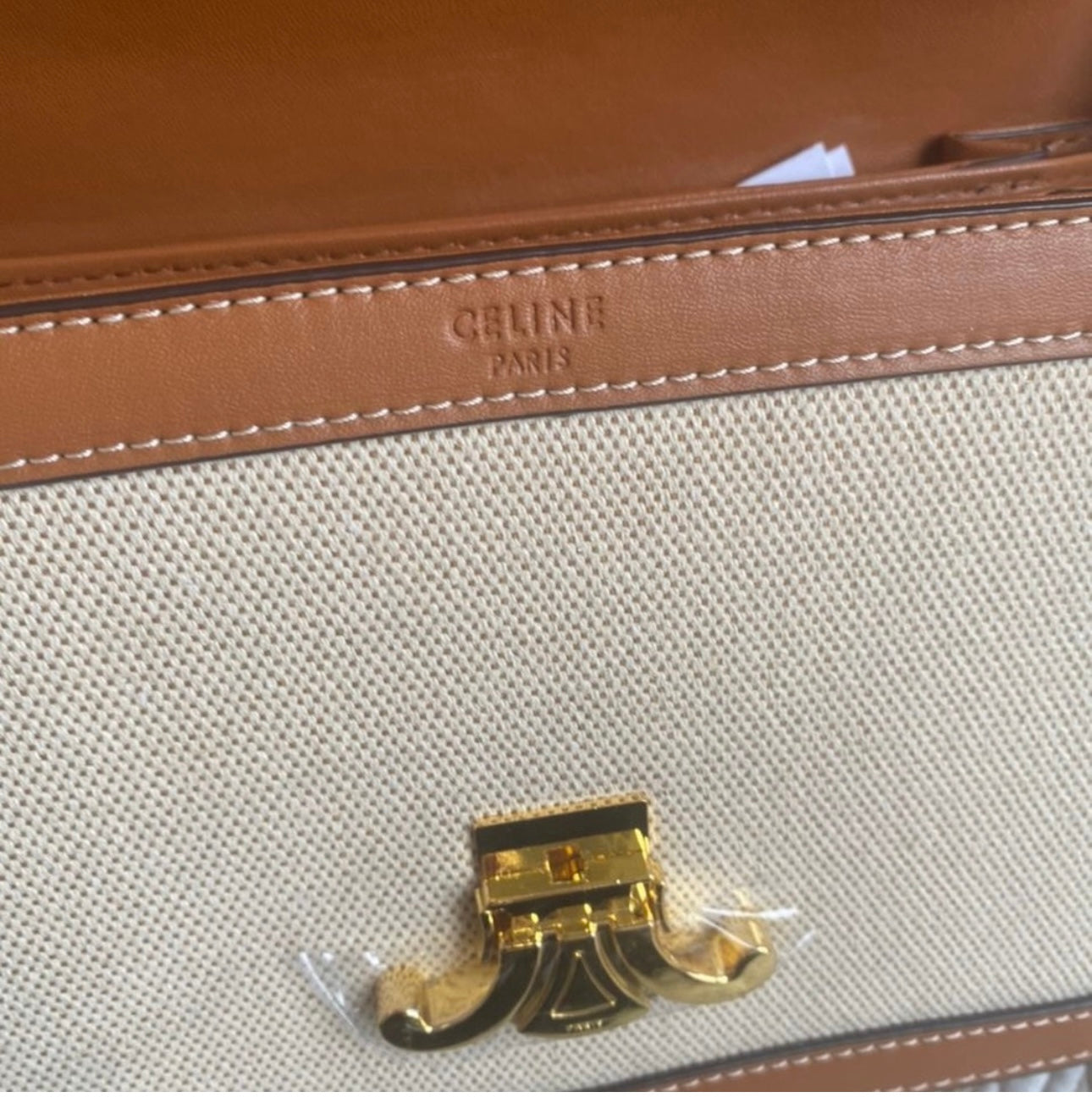 CLASSIQUE TRIOMPHE BAG IN TEXTILE AND CALFSKIN NATURAL / TAN