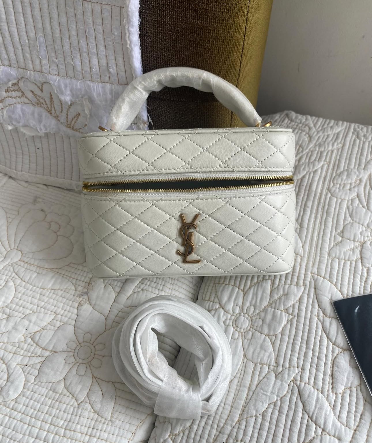 White Gaby Mini Vanity Case in Quilted Leather with Gold Hardware