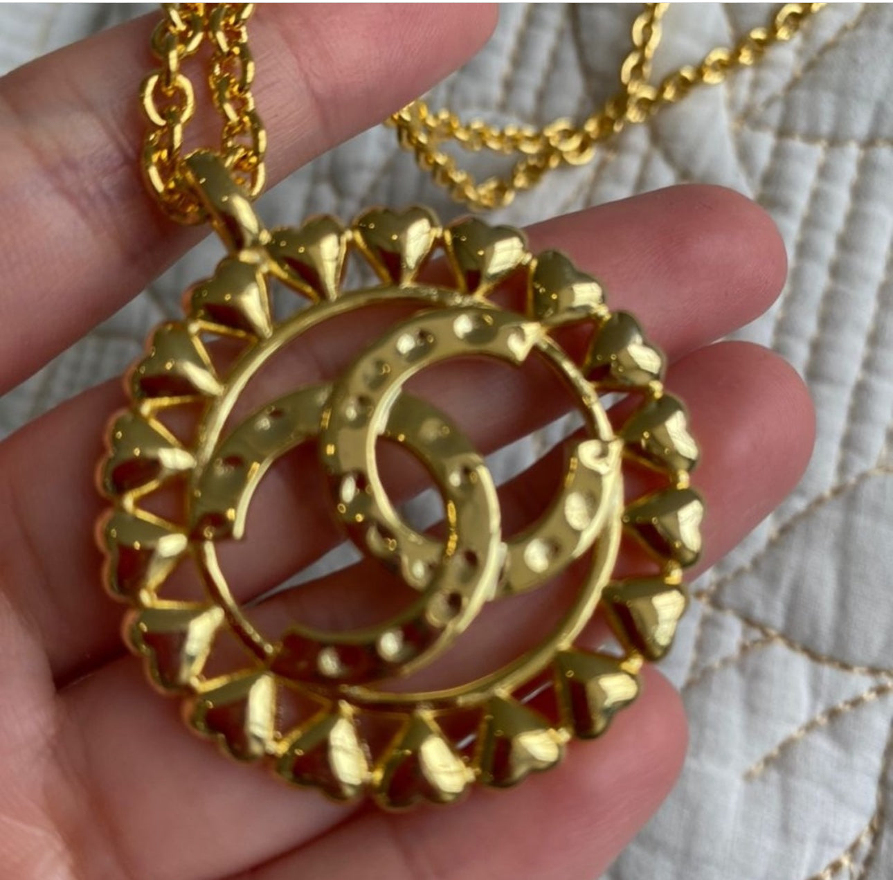COCO LOGO PENDANT NECKLACE GOLD TONE LONG CHAIN