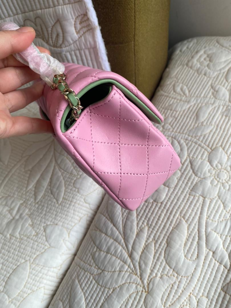 Pink/Green Coco Lambskin Quilted Mini Top Handle Flap Bag