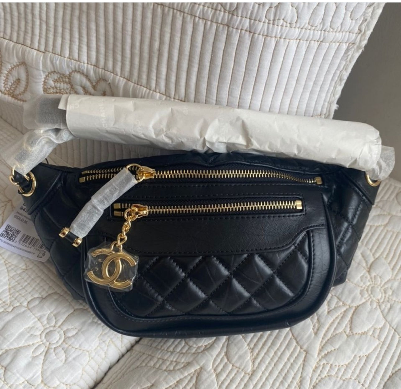Coco Lambskin Quilted Waist Bag Fanny Pack Black