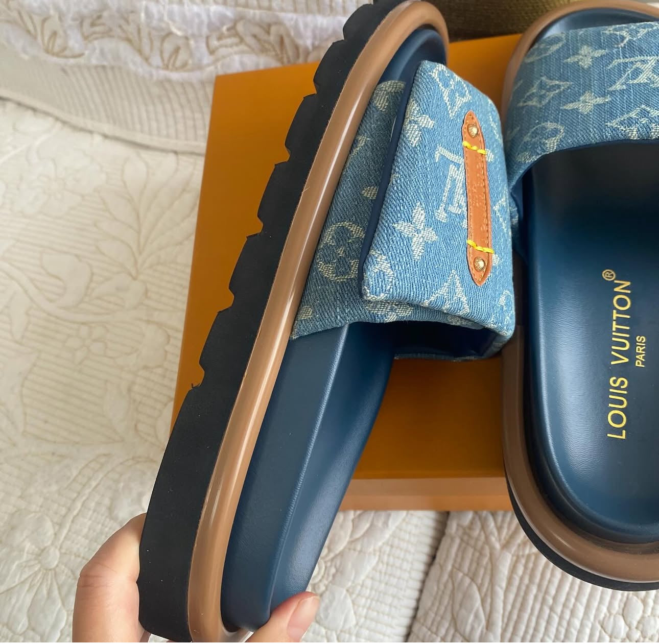 Monogram Denim Fanny Pack + Pillow Flat Comfort Mules