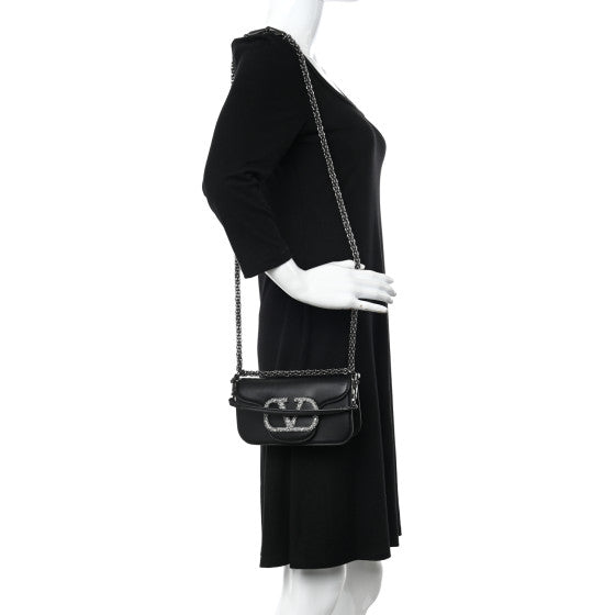Calfskin Crystal Vlogo Small Loco Shoulder Bag Black