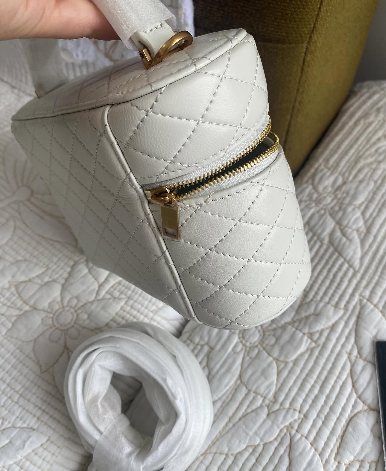 White Gaby Mini Vanity Case in Quilted Leather with Gold Hardware