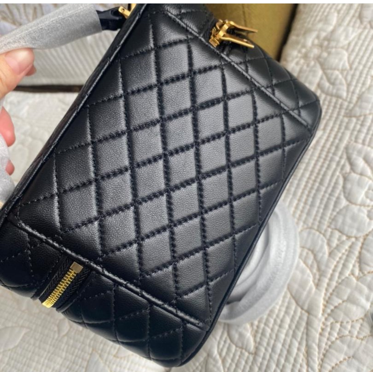 Black Gaby Mini Vanity Case in Quilted Leather with Gold Hardware