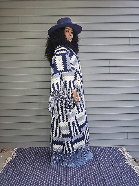 FLY GIRL CARDI | OPEN FRONT LONG COAT KIMONO - GRAY NAVY WHITE BLEND PREORDER SHIPS WITHIN 15 BUSINESS DAYS