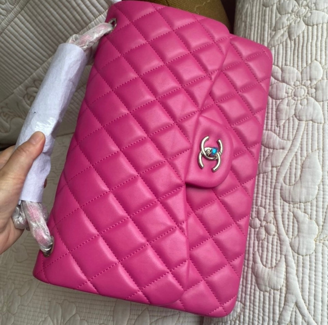 Pink Lambskin Medium Flap Bag Silver Hardware