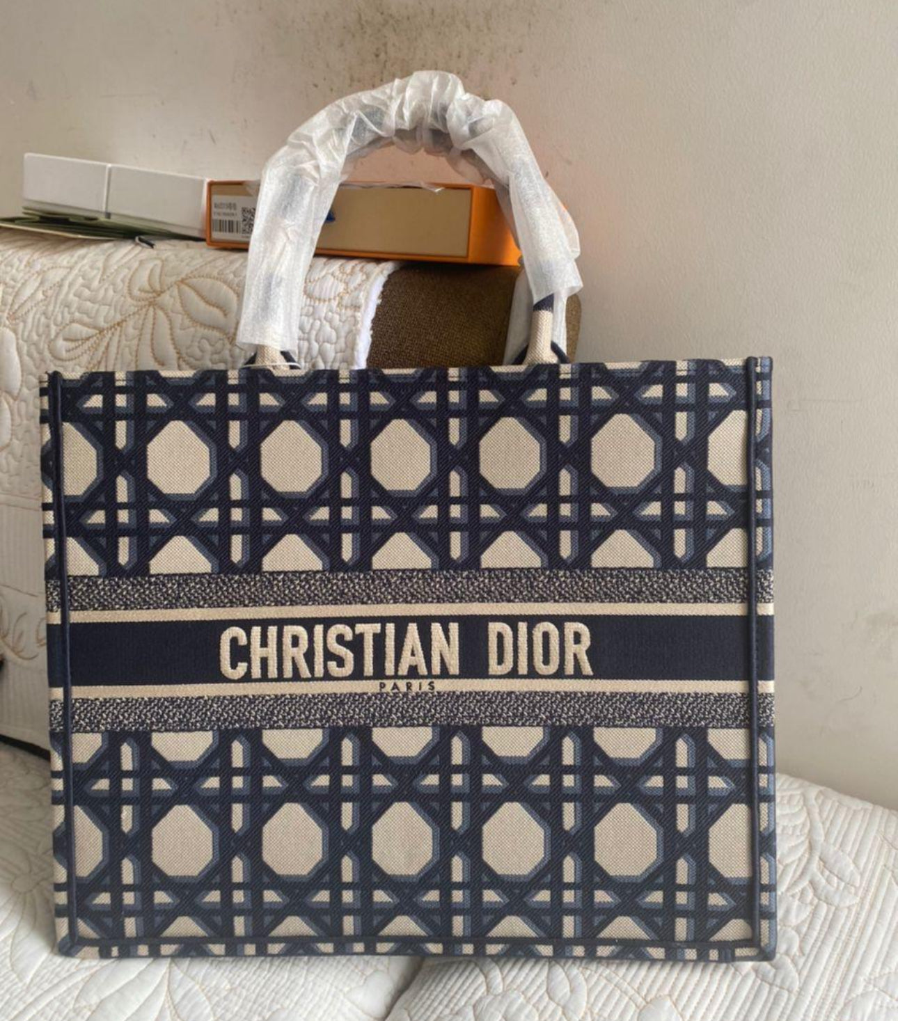 LARGE Book Tote | Beige and Blue Macrocannage Embroidery