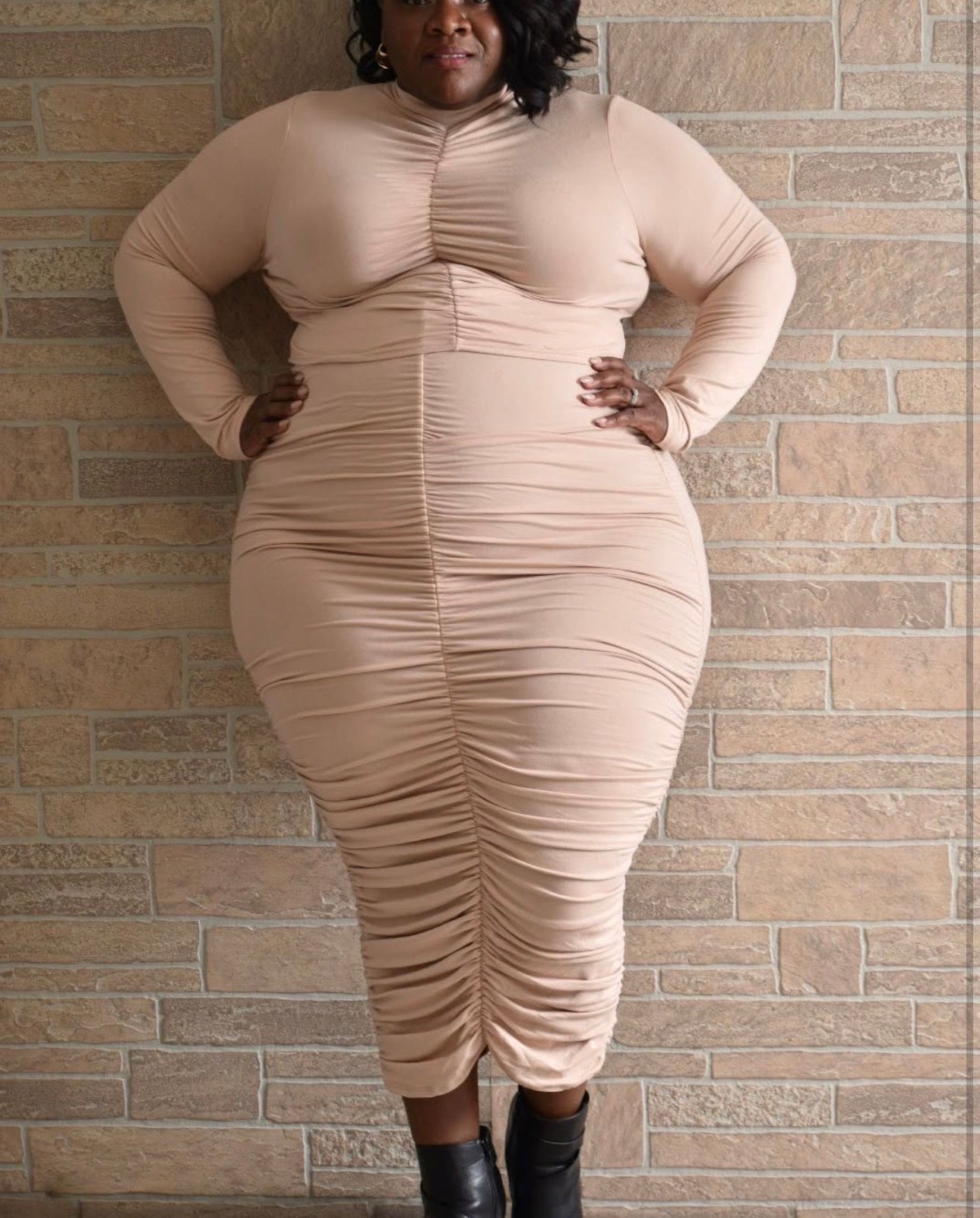 Curvy Plus Size Ruched Long Sleeve Midi Dress 5 COLORS