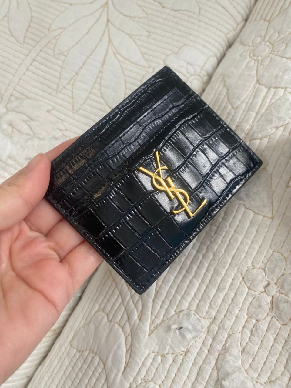 Cassandre Saint Laurent Card Case in Crocodile-Embossed Shiny Leather