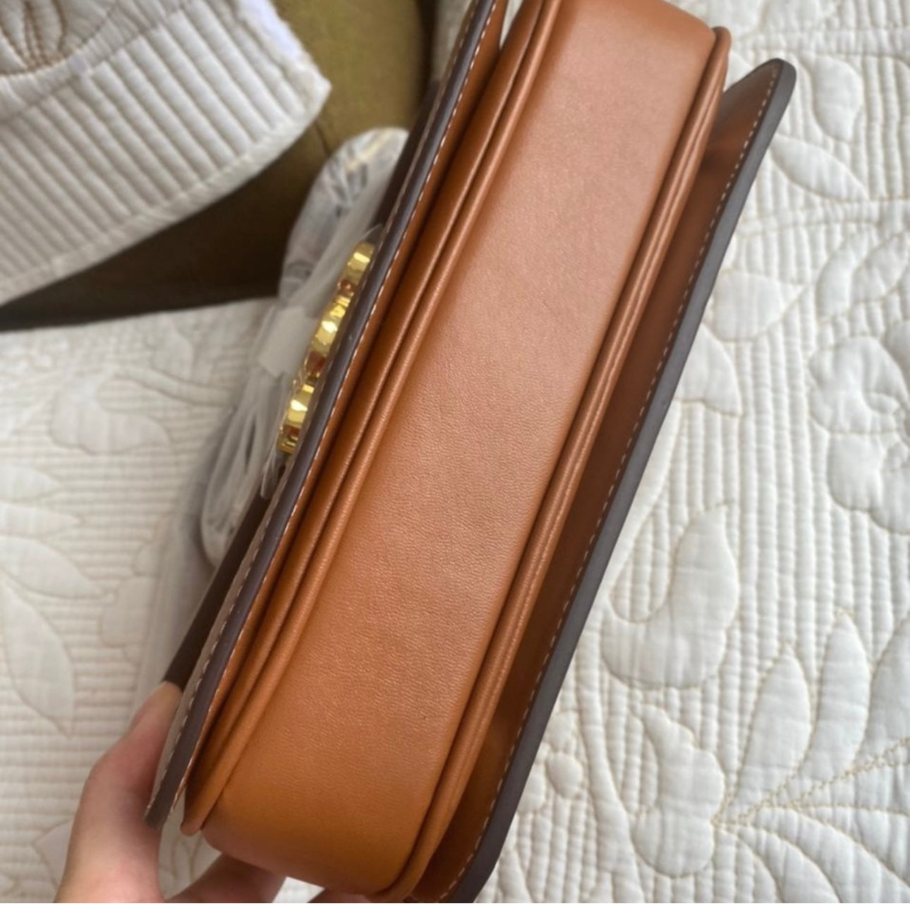 CLASSIQUE TRIOMPHE BAG IN TEXTILE AND CALFSKIN NATURAL / TAN