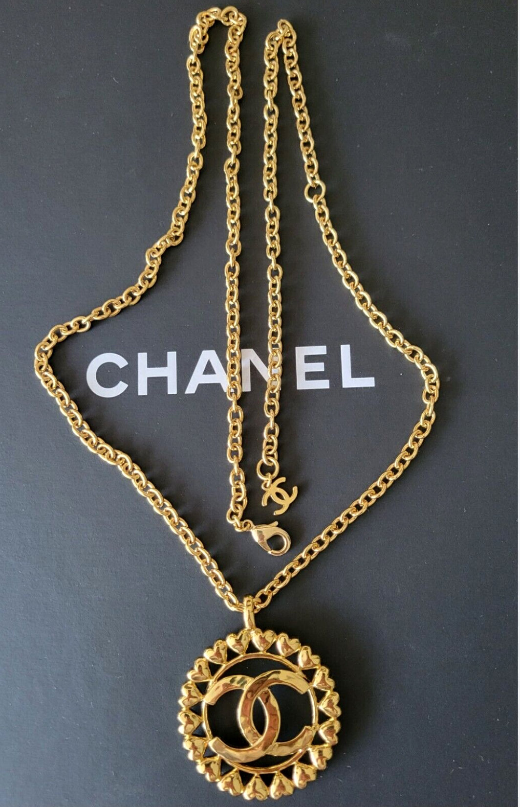 COCO LOGO PENDANT NECKLACE GOLD TONE LONG CHAIN