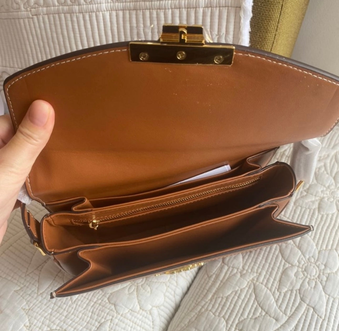 CLASSIQUE TRIOMPHE BAG IN TEXTILE AND CALFSKIN NATURAL / TAN