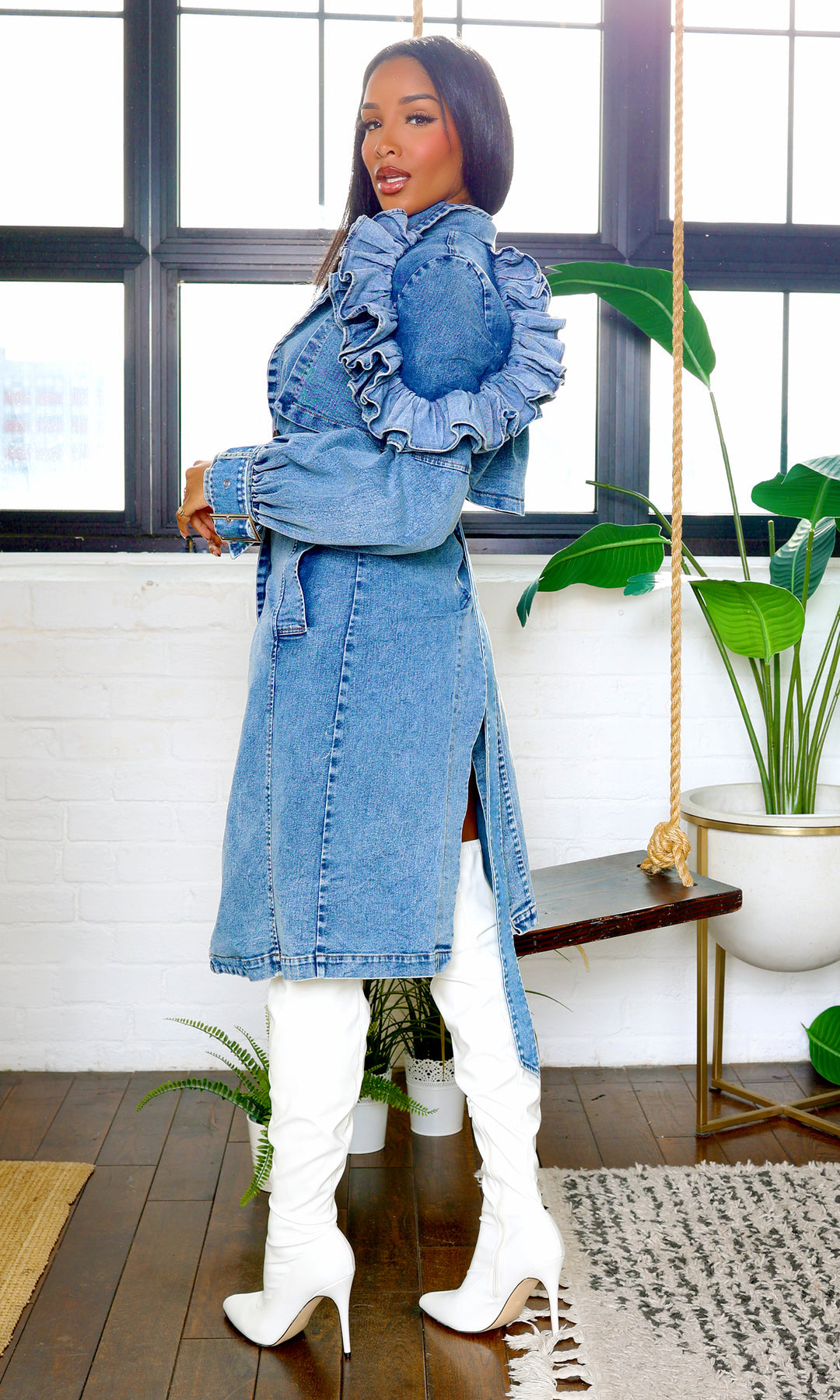 Ruffled Denim Trench Coat