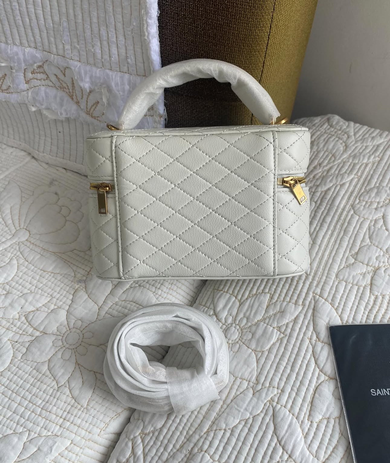 White Gaby Mini Vanity Case in Quilted Leather with Gold Hardware