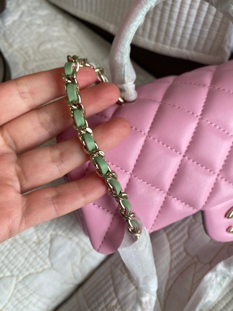 Pink/Green Coco Lambskin Quilted Mini Top Handle Flap Bag