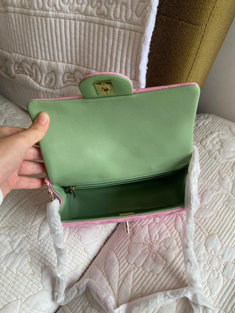 Pink/Green Coco Lambskin Quilted Mini Top Handle Flap Bag