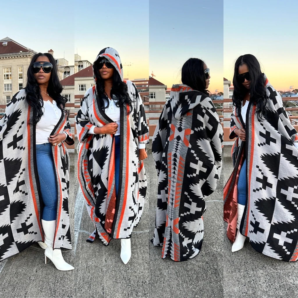 Hooded Gray Orange & Black Kimono Cardigan -- Ships within 10-15 business days from order date