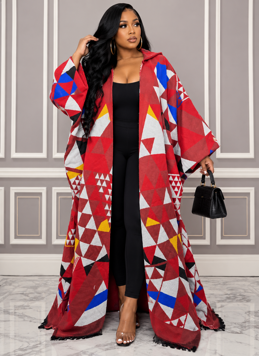 Hooded Red Blue and Yellow Kimono Cardigan -- Ships within 10-15 business days from order date