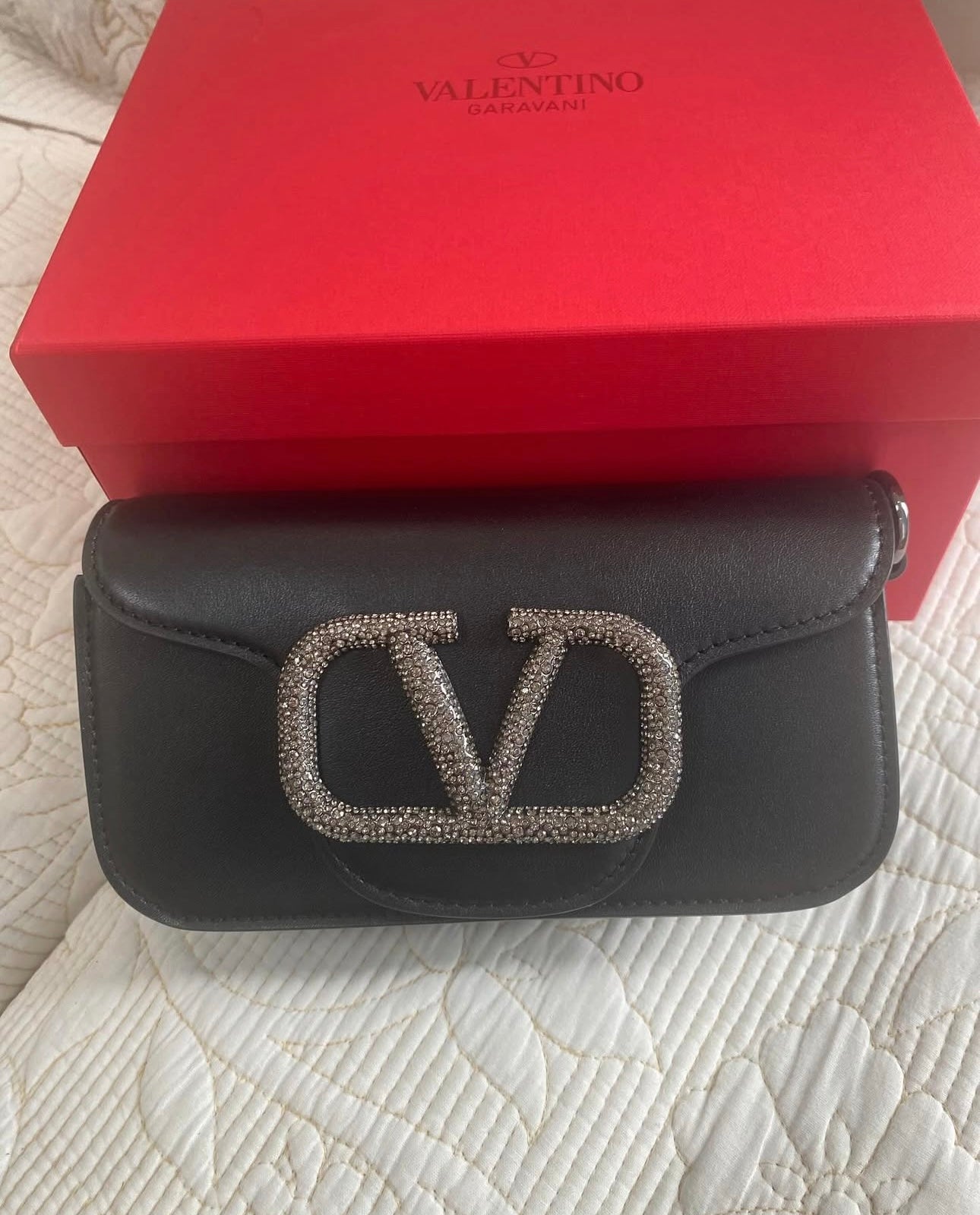 Calfskin Crystal Vlogo Small Loco Shoulder Bag Black