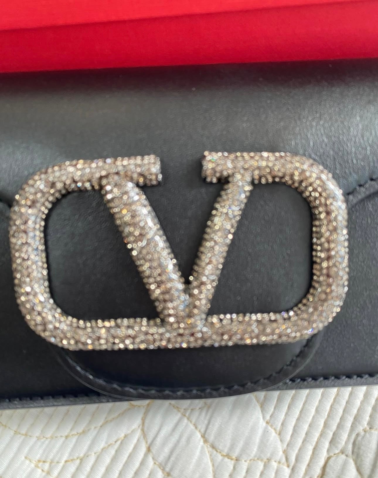 Calfskin Crystal Vlogo Small Loco Shoulder Bag Black