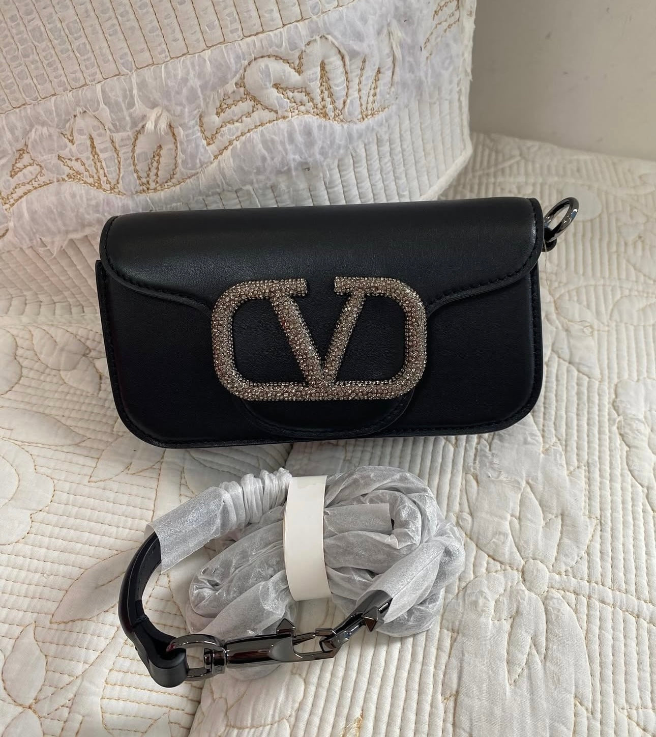 Calfskin Crystal Vlogo Small Loco Shoulder Bag Black