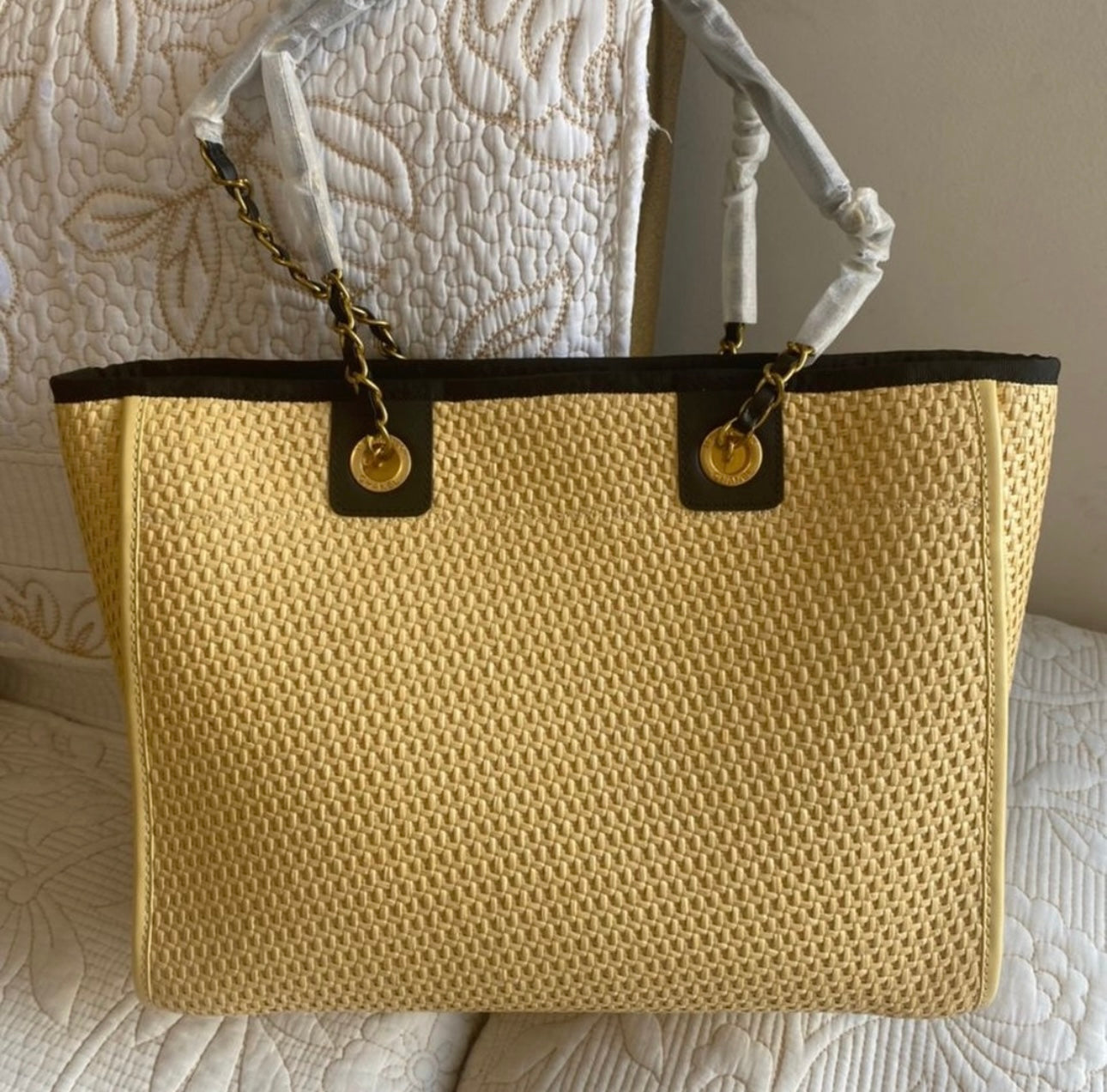 Deauville MM Chain Shoulder Tote Bag leather straw Beige Natural