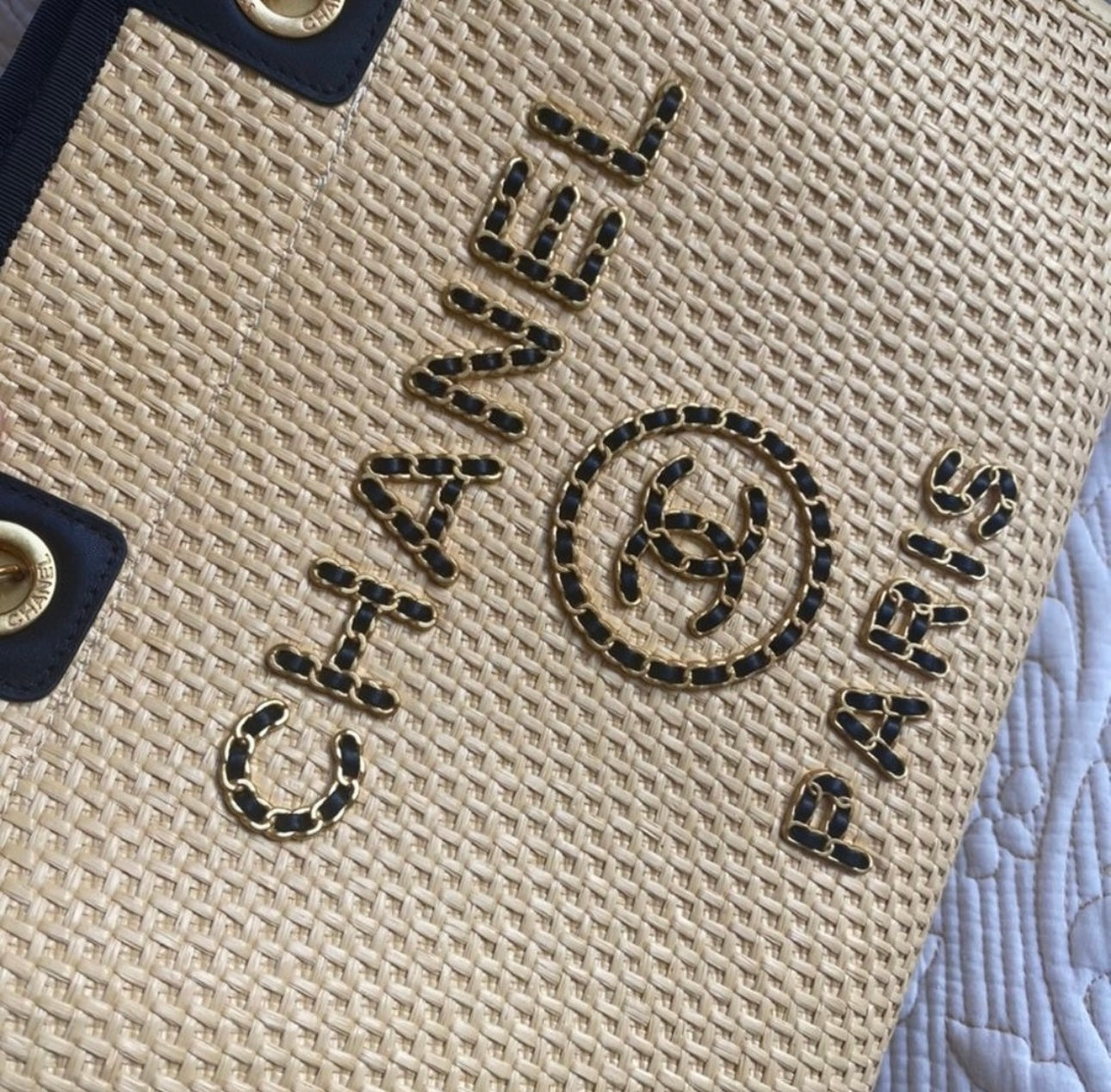 Deauville MM Chain Shoulder Tote Bag leather straw Beige Natural