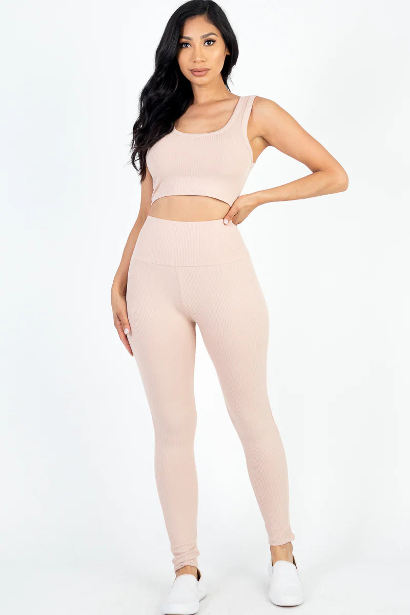Conjunto de leggings y top corto de canalé Essential (9 colores)