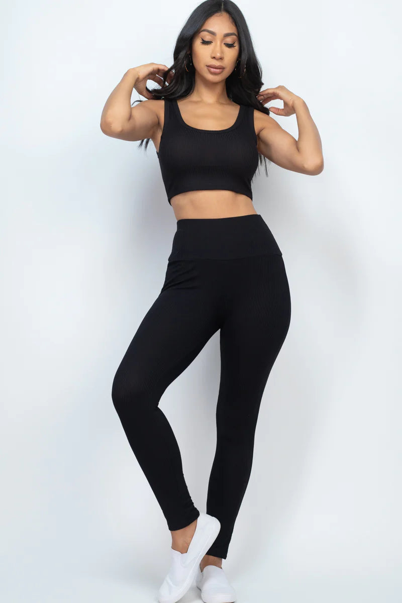 Conjunto de leggings y top corto de canalé Essential (9 colores)