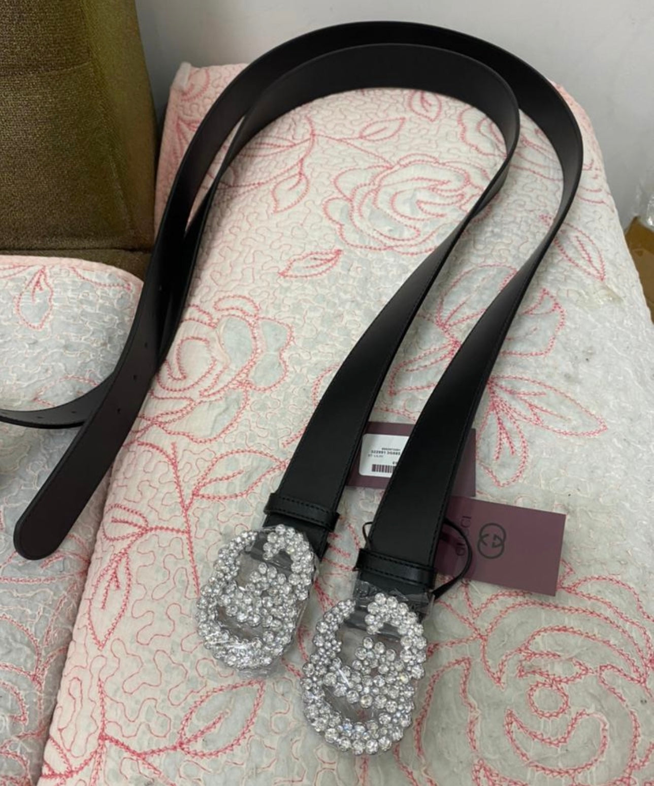 Ceinture en cuir à cristaux scintillants avec boucle double G