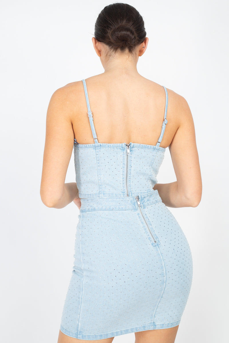 Conjunto de falda y top denim de tirantes de Stone Point