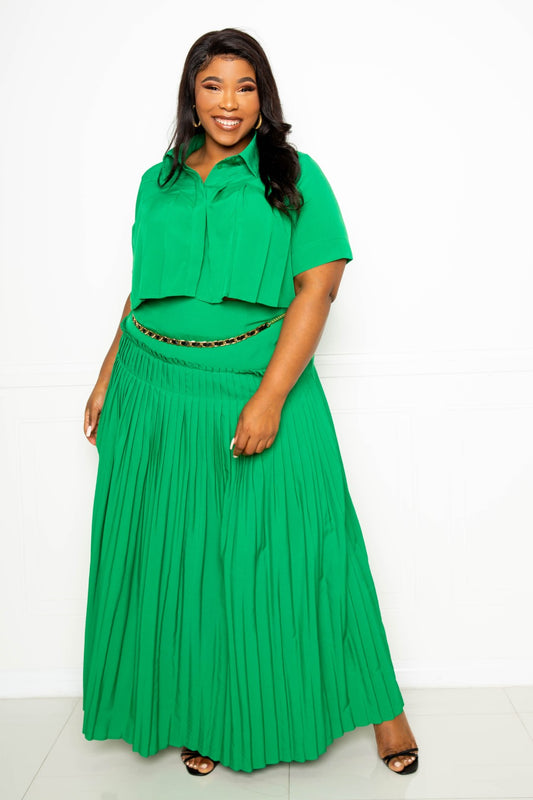 Pleated Cropped Shirt And Maxi Skirt Set (3 Colors)