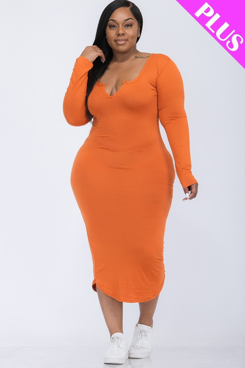Vestido midi de manga larga con cuello dividido y talla grande | 7 colores