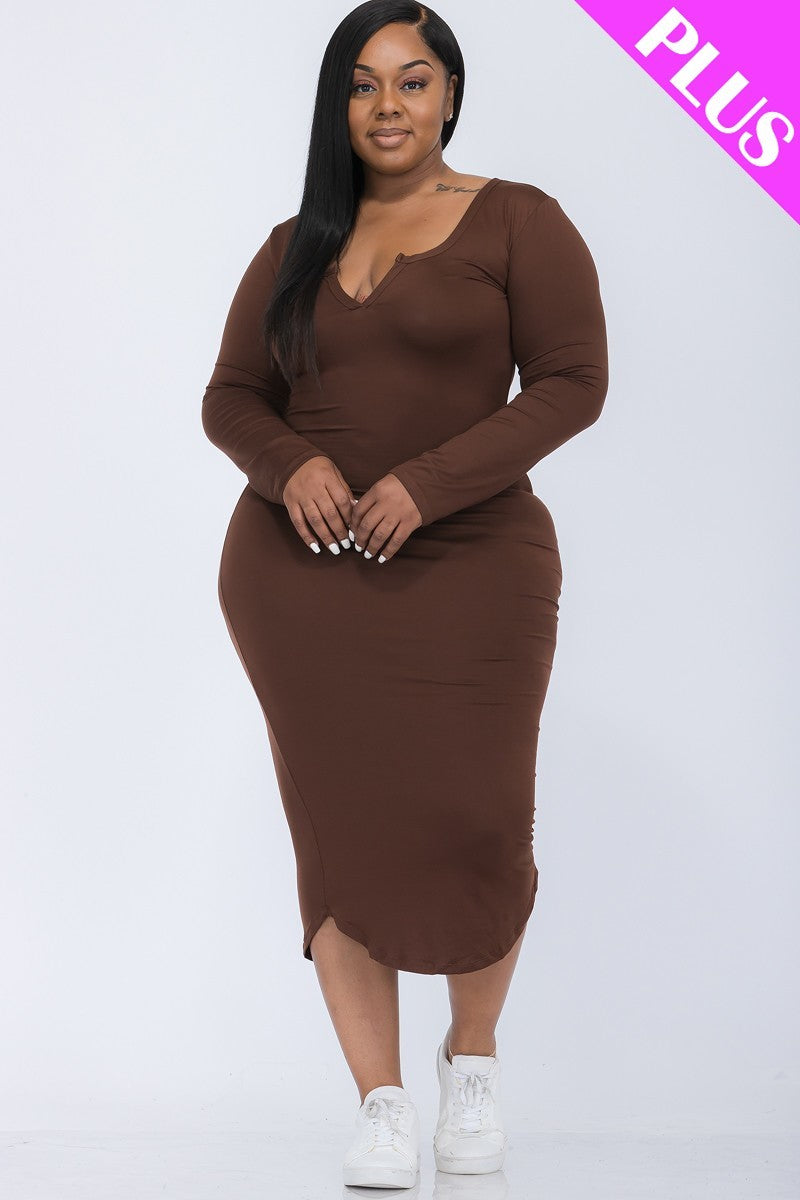 Vestido midi de manga larga con cuello dividido y talla grande | 7 colores