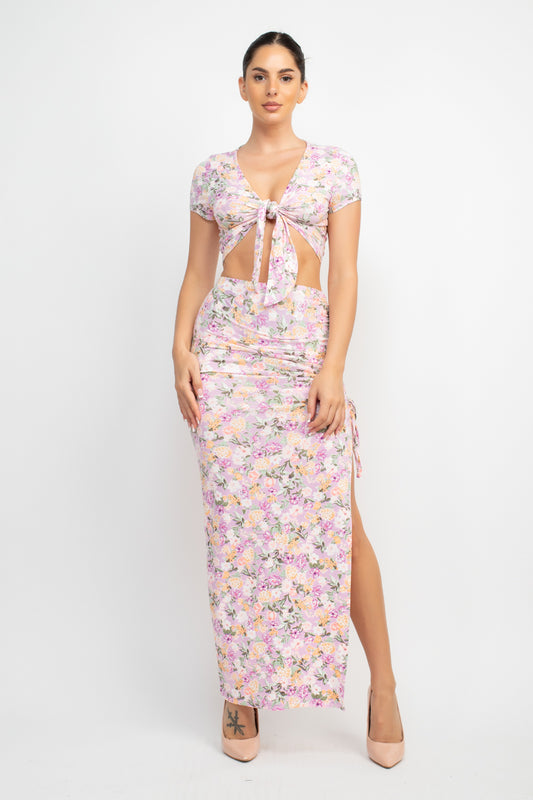 Floral Top & Ruched Maxi Skirts Set (5 Colors)