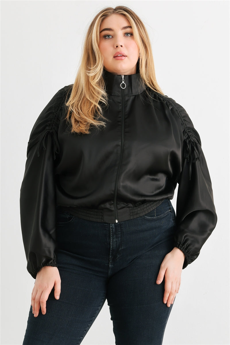 Blouson aviateur court froncé à manches longues et fermeture éclair en satin Plus